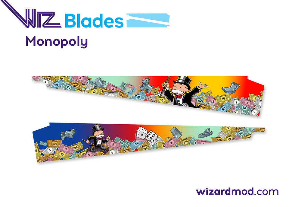 Detailed view of Monopoly pinball WizBlades custom side blades showing vibrant artwork and precision fit.