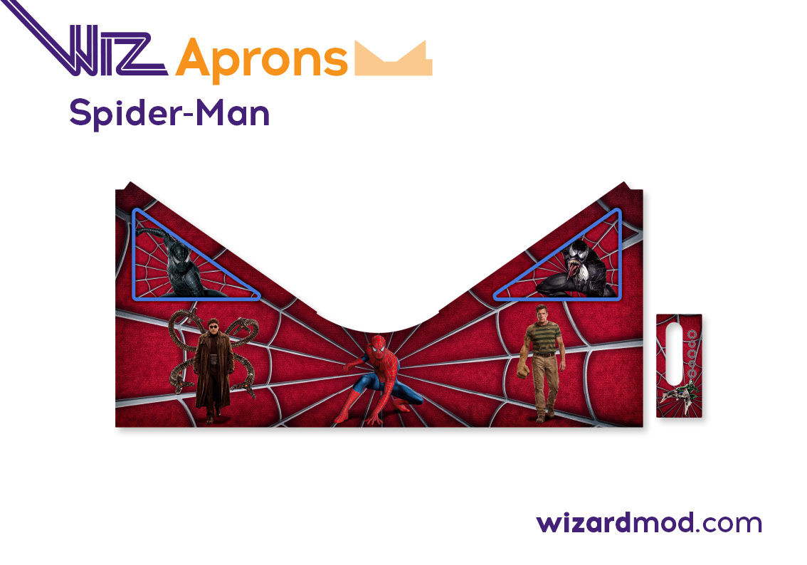 Close-up view of WizAprons magnetic apron cover artwork showing custom designs for Spider-Man pinball.