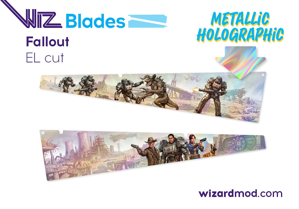 Close-up of WizBlades pinblades mods showing glossy finish and detailed art wrap design.