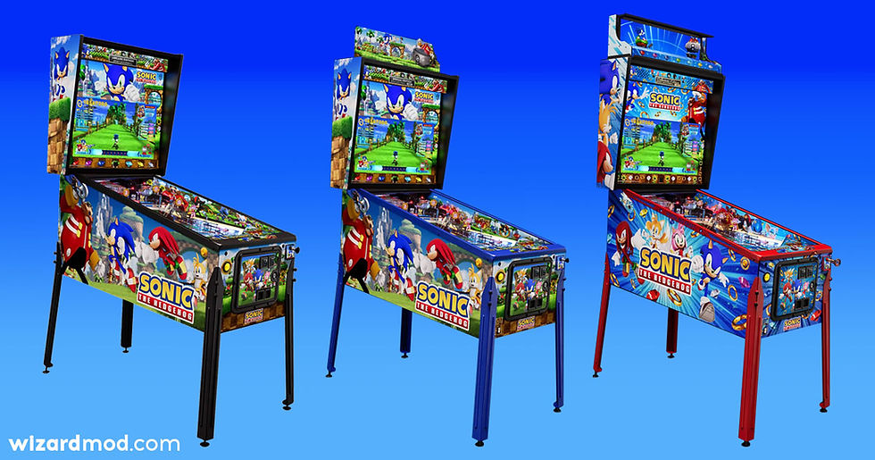 Sonic the Hedgehog pinball machine models side by side with premium custom upgrades.