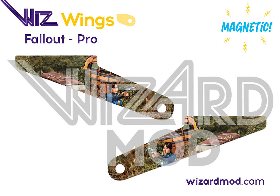 Close-up view of WizWings magnetic hinge covers showing custom artwork for Fallout pinball backbox hinges.