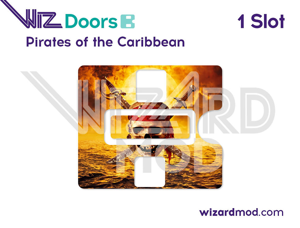 WizDoors magnetic door panels for Pirates of the Caribbean pinball showcasing premium artwork and easy removable installation