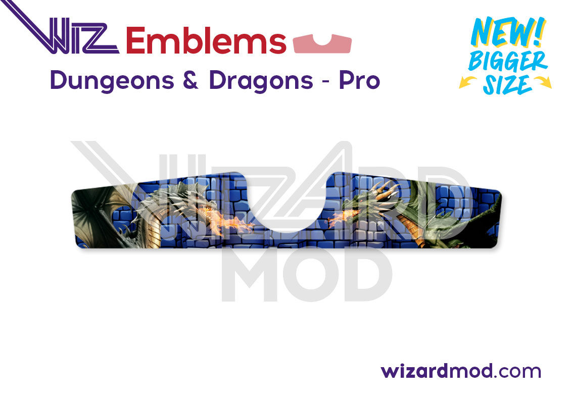 Close-up view of WizEmblems magnetic fire button accents showing custom artwork around the lockdown bar button on Dungeons &