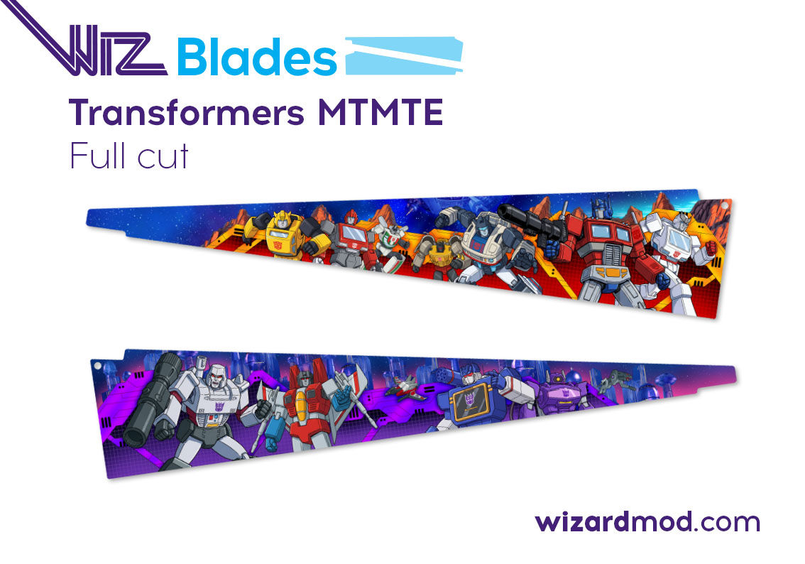 Close-up of easy-to-apply WizBlades pinblades mods, highlighting the glossy finish and detailed art wraps artwork.
