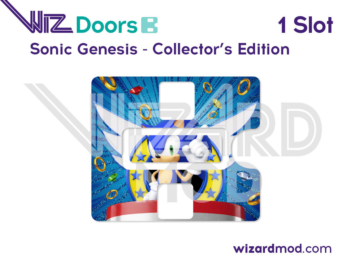 Custom artwork preview of Sonic pinball WizDoors coin door covers enhancing the front of the machine with a unique look.