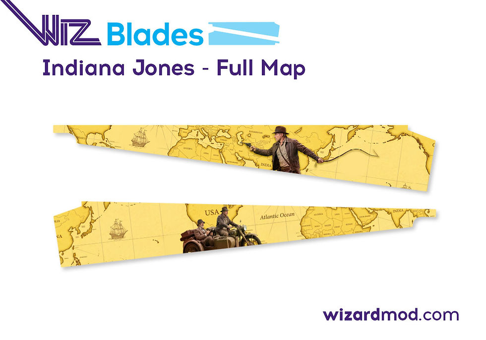 Custom artwork preview of Indiana Jones pinball WizBlades removable side blade decals with thick laminated scratch-resistant