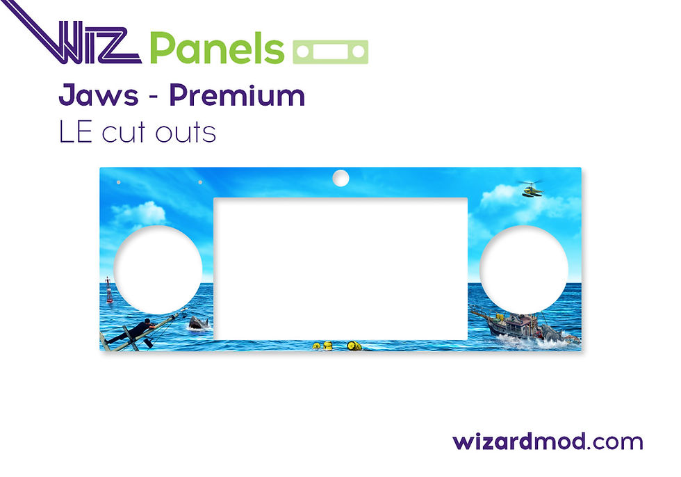 Thumbnail: Custom artwork preview of Jaws pinball WizPanels magnetic speaker panel skin showing quick installation with no adhesive requ