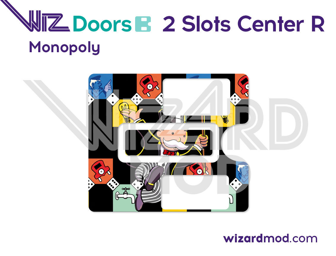 Custom artwork preview of Monopoly pinball WizDoors coin door covers enhancing the front of the machine with a unique look.