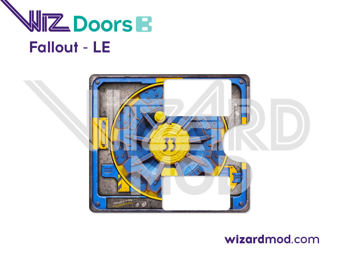 Close-up view of WizDoors magnetic coin door cover artwork showing custom designs for Fallout pinball.
