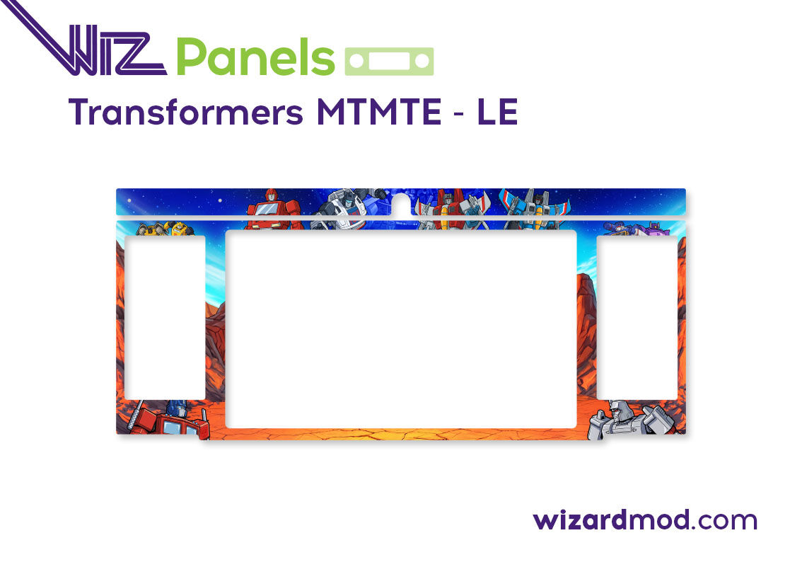 Close-up view of a custom WizPanels DMD skins, displaying outstanding colorful artwork to mod Transformers pinball.