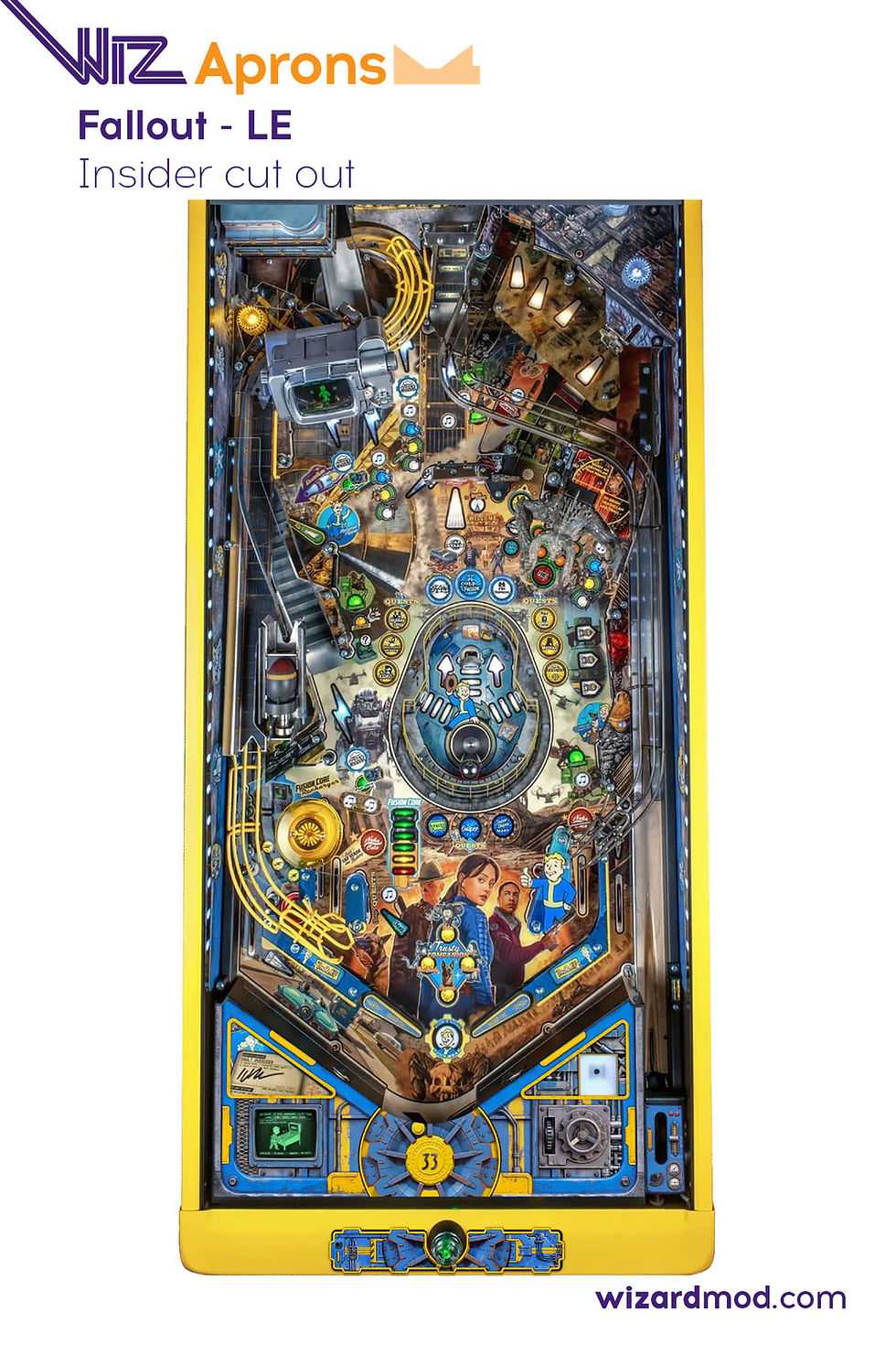 Close-up view of WizAprons magnetic apron cover artwork showing custom designs for Fallout pinball.