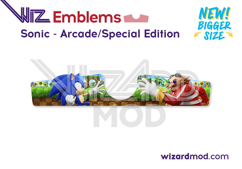 Close-up view of WizEmblems magnetic fire button accents showing custom artwork around the lockdown bar button on Sonic pinba