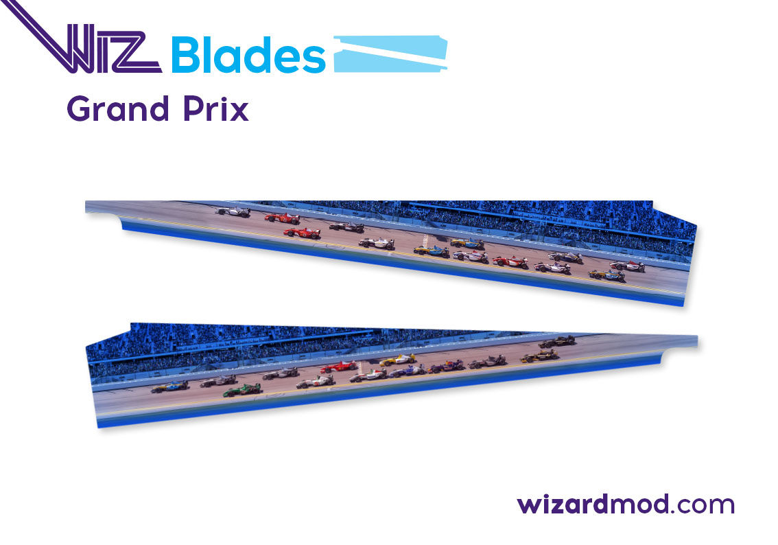 WizBlades side blade decals for Grand Prix pinball featuring premium laminated artwork and durable scratch-resistant finish.