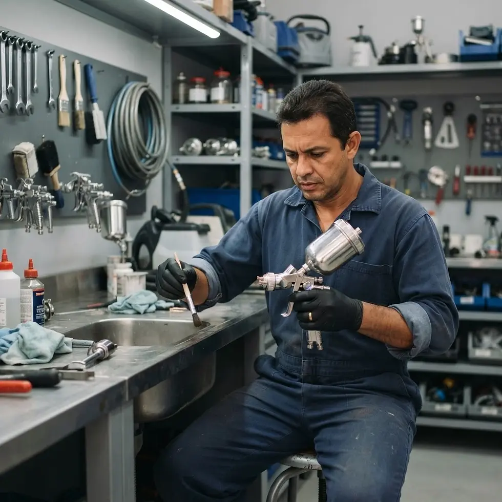 Workshop photography of a mechanic carefully cleaning a spray gun at a metal workbench, with shelves stocked with tools visible in the background.