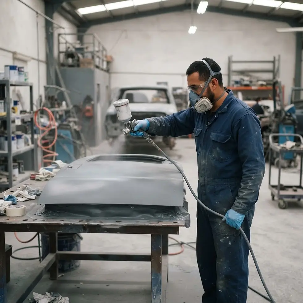 Workshop photography of a mechanic spray-painting a car door. He is wearing protective gear in a well-lit garage.