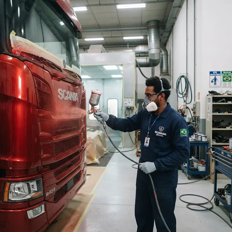 Workshop photography showing a technician in protective gear spray-painting a red Scania truck cab. The focused work takes place in a well-lit, industrial painting booth.