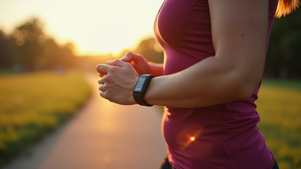Eye-level view of a woman checking her fitness tracker during a morning walk