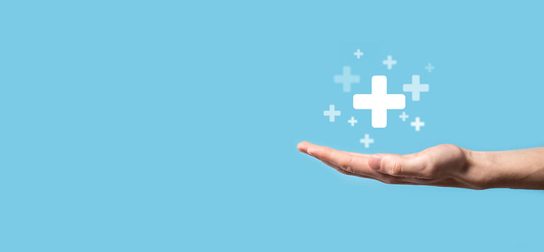 Male hand holding plus icon on blue background. Plus sign virtual means to offer positive 