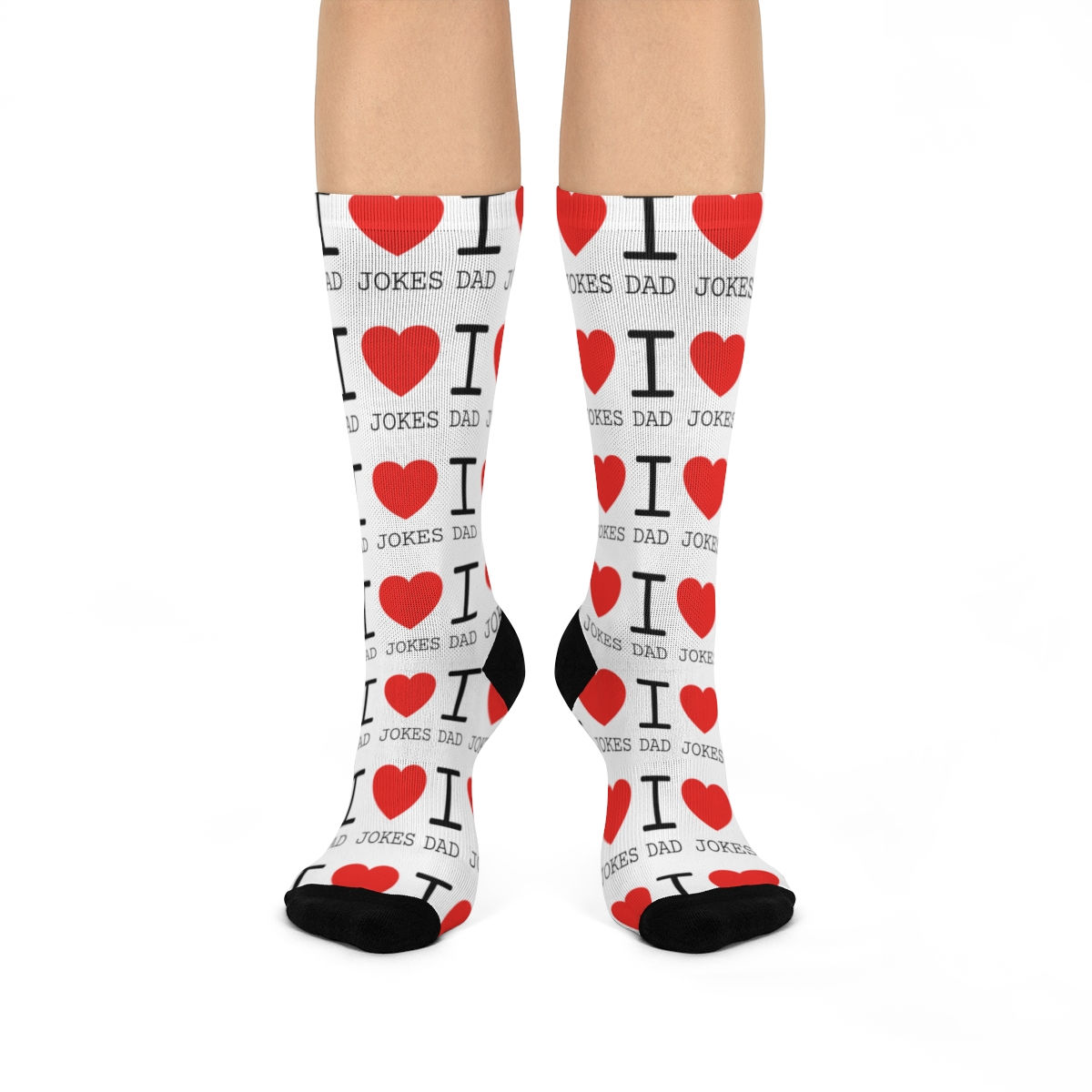 Person wearing socks that say "I love dad jokes" in the "I love NY" style