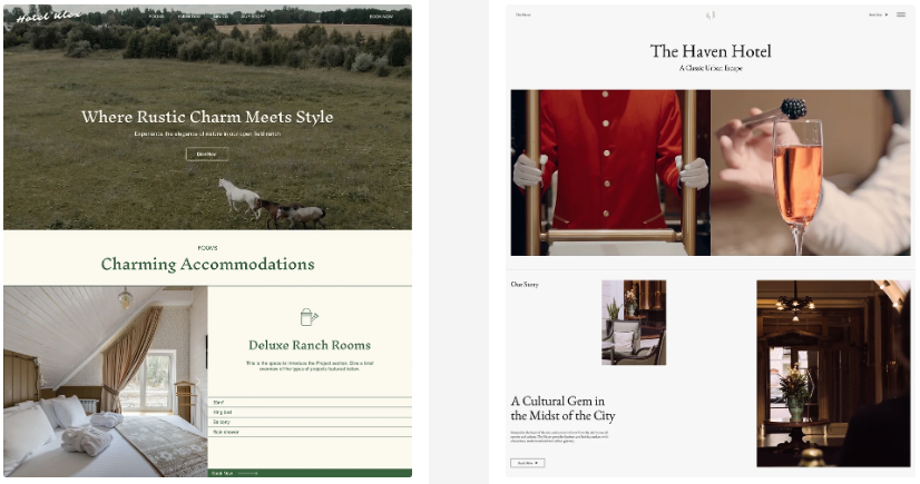Capturas de pantalla: sitio web The Haven, habitaciones con encanto rústico