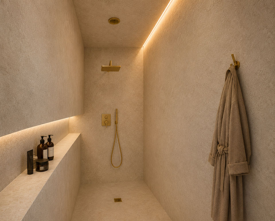 Douche à l'italienne contemporaine avec enduit minéral, robinetterie en laiton brossé et éclairage indirect.