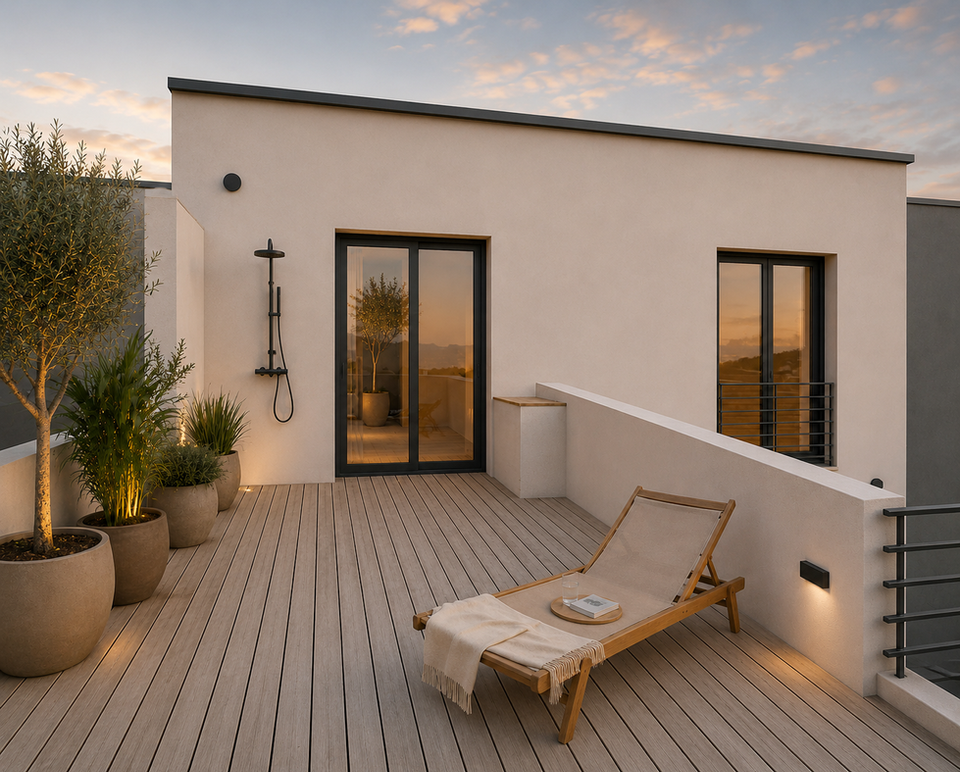 Terrasse contemporaine en bois avec bain de soleil, grandes baies vitrées et plantations en pots.