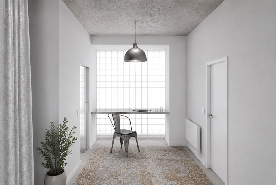 Bureau contemporain avec plafond en béton apparent, mur en briques de verre et mobilier minimaliste.