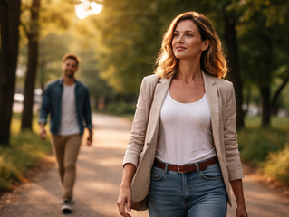 Femme confiante marchant dans un parc avant une rencontre amoureuse, illustrant la confiance en soi en amour et l’énergie que l’on dégage.