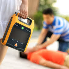 Close-up of a defibrillator device ready for use in a training session