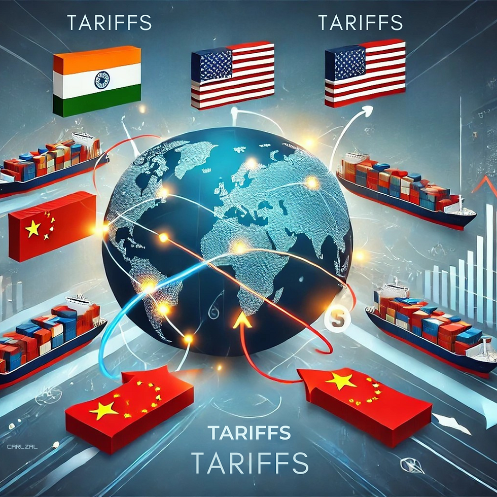 Global trade graphic showing ships, flags of India, USA, and China, with "TARIFFS" text. Arrows connect countries on a world map.