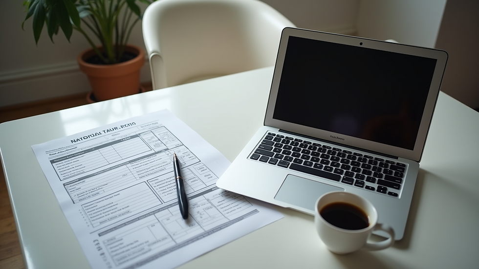High angle view of a closed laptop with tax documents and a cup of coffee on a table