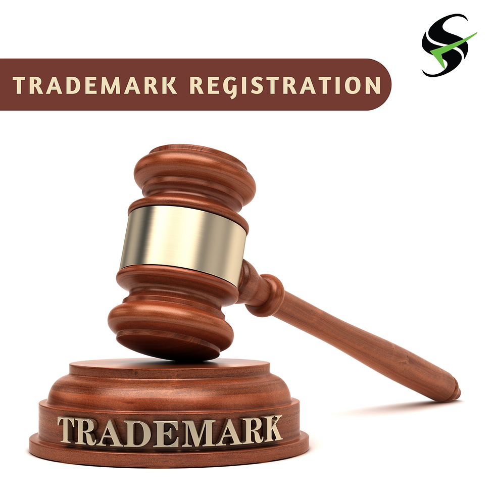 Gavel on a base with "TRADEMARK" text, against a white background. A brown banner reads "TRADEMARK REGISTRATION," with a black logo.
