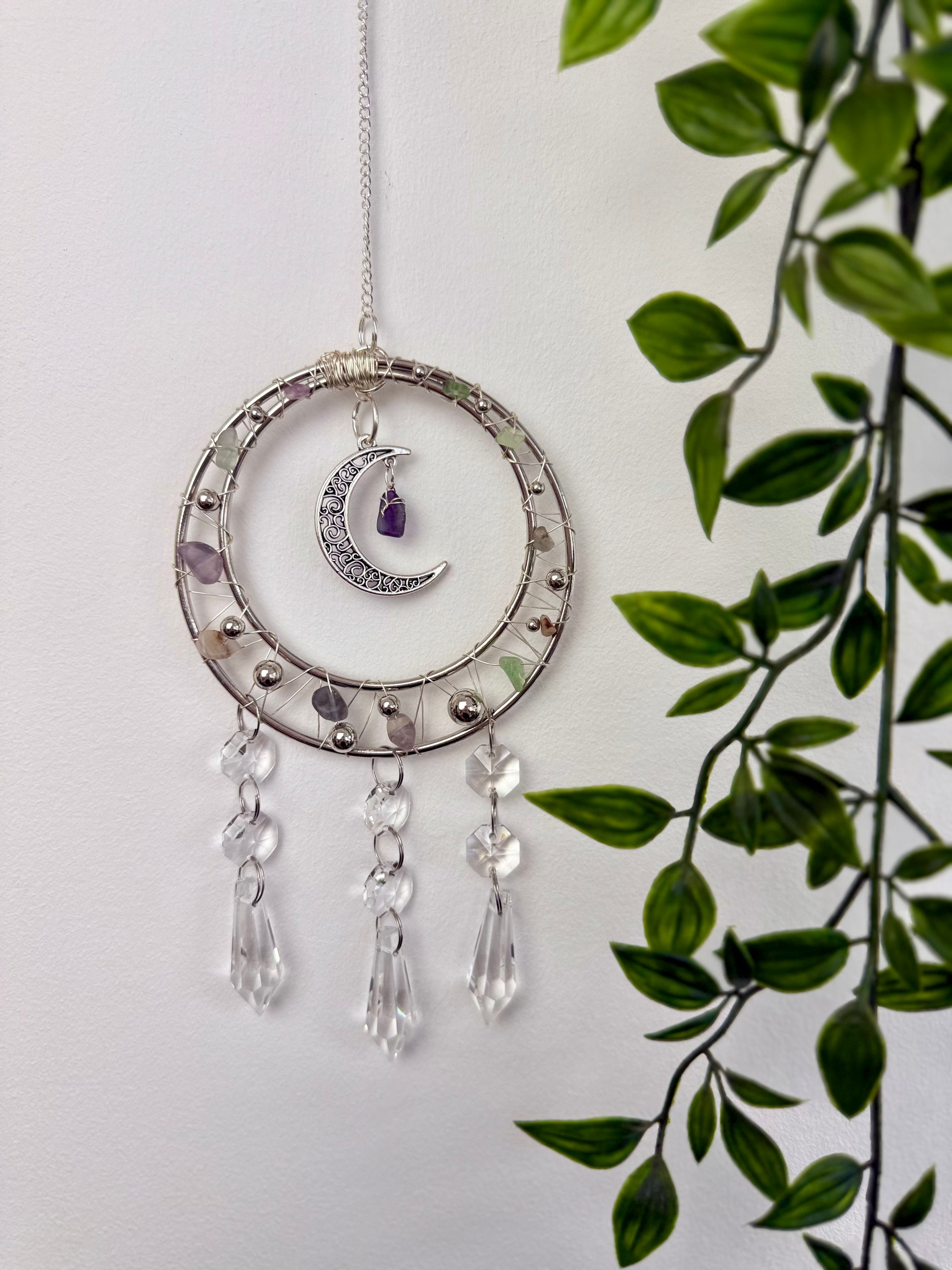 Fluorite Crystal Crescent Moon Suncatcher | Silver