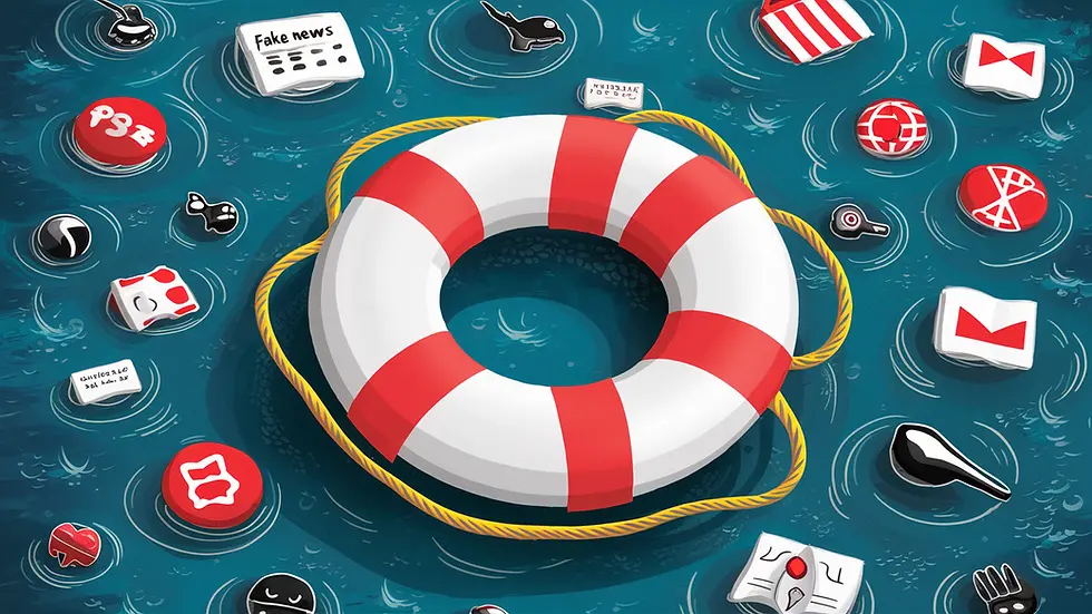 Life preserver ring surrounded by various social media icons floating in water, emphasizing the challenge of navigating online information and fake news.