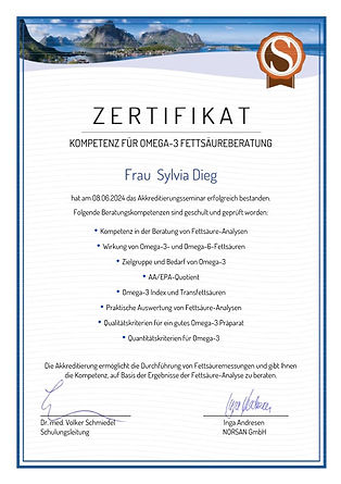 Zertifikat Norsan Sylvia Dieg Omega 3 Workshop