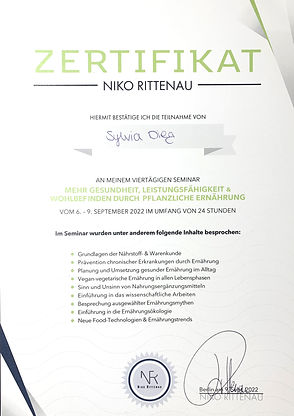 Zertifikat Sylvia Dieg Niko Ritttenau Pflanzliche Vegane Ernährung
