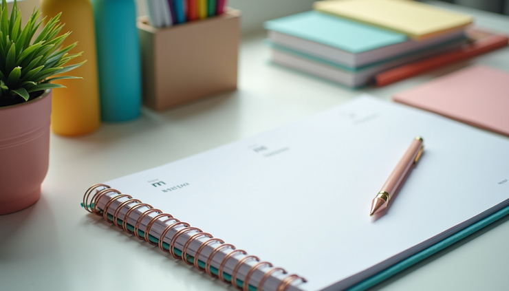 Eye-level view of a neatly arranged desk with colorful office supplies and a planner