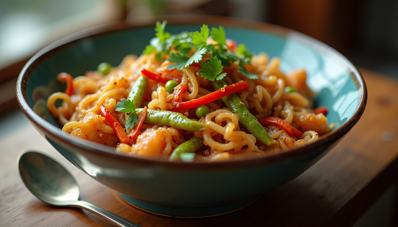 High angle view of a bowl filled with potsticker stir-fry