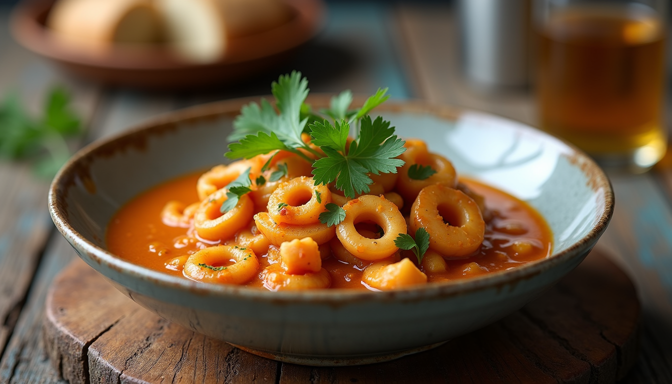 Eye-level view of a bowl of squid curry garnished with fresh cilantro