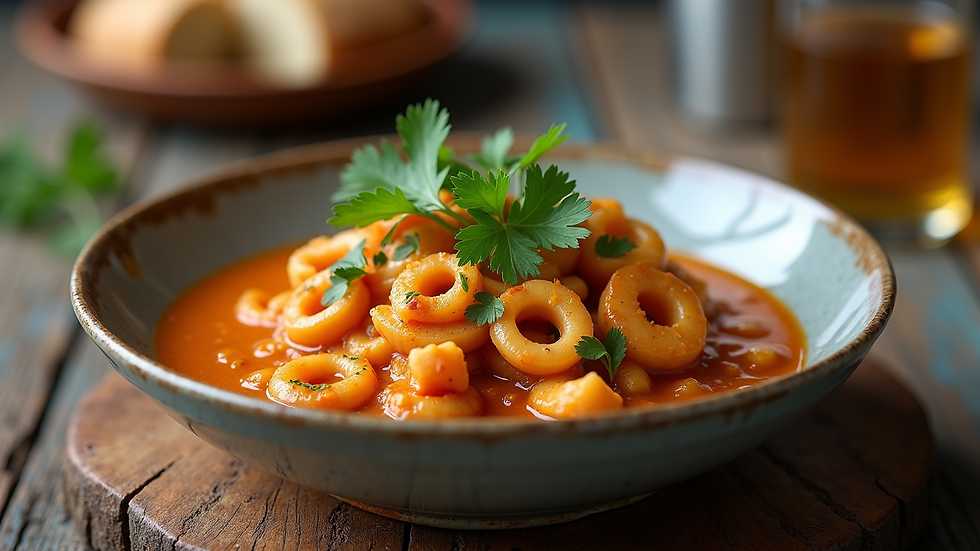 Eye-level view of a bowl of squid curry garnished with fresh cilantro