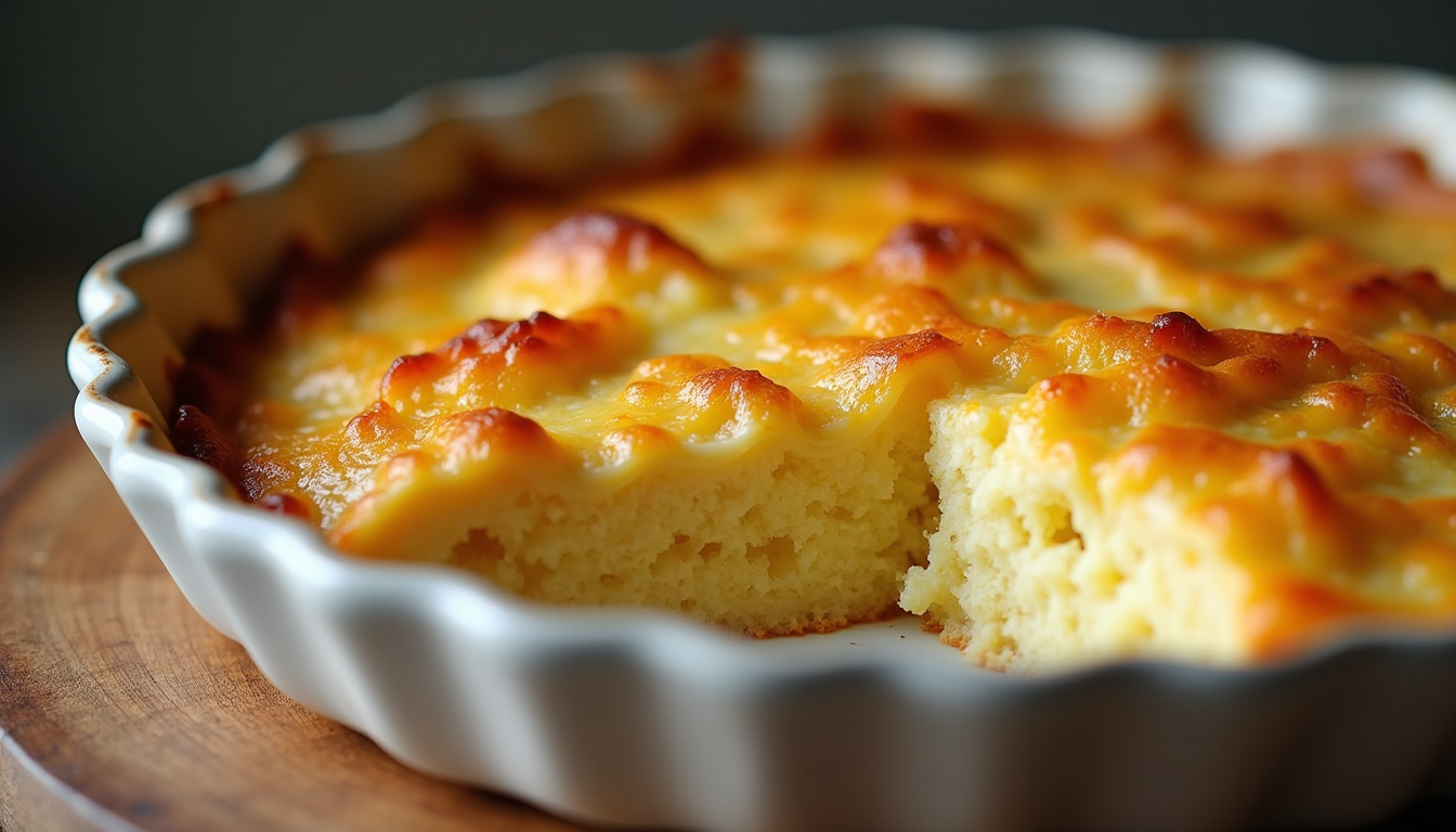 Close-up view of a golden-brown breakfast casserole fresh out of the oven