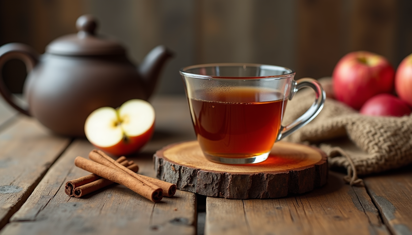 Eye-level view of a rustic wooden table with a teapot, a cup of apple cinnamon tea, cinnamon sticks, and sliced apples