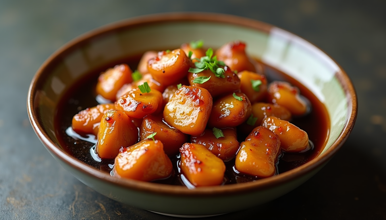Close-up view of marinated chicken in a bowl