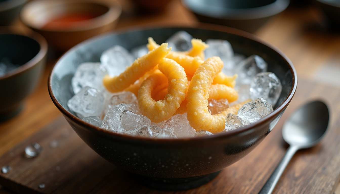 Close-up view of a bowl filled with ice-cold water