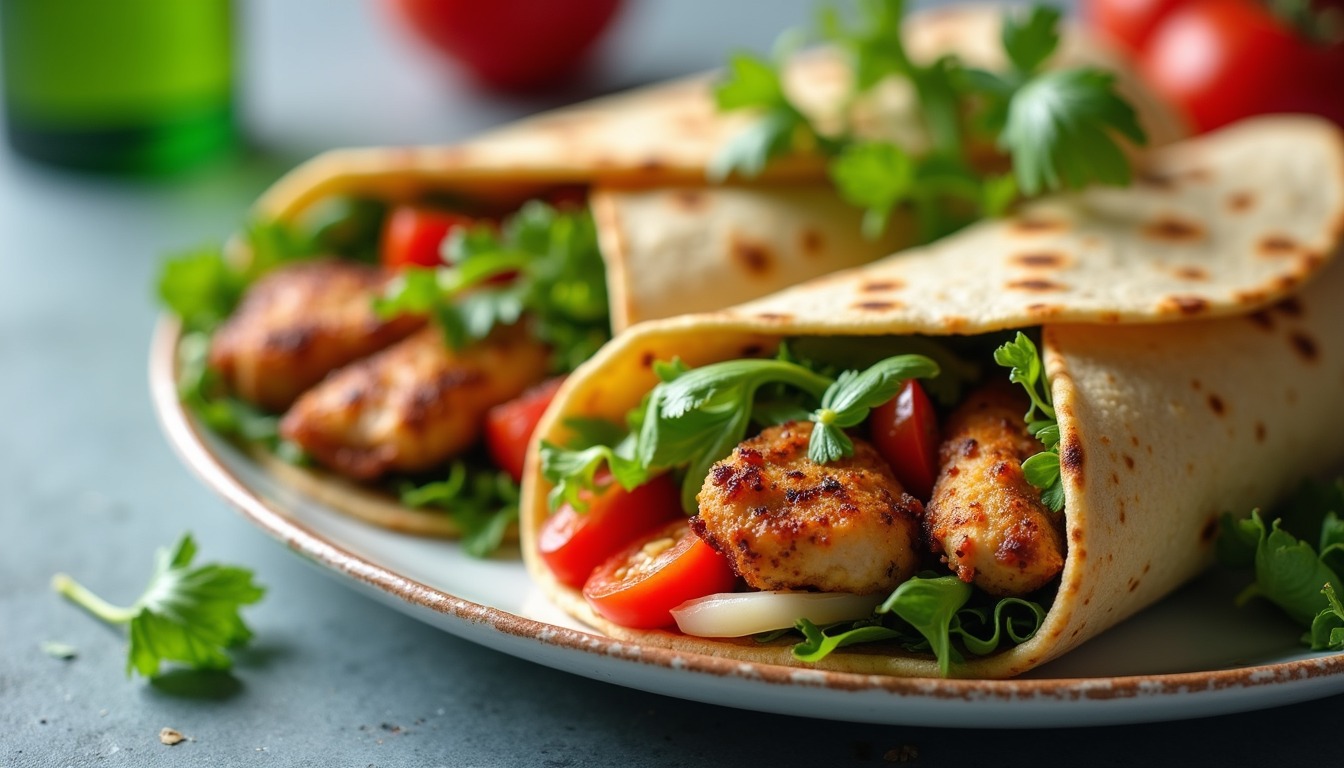 Eye-level view of a plate of Mediterranean chicken wraps with fresh vegetables
