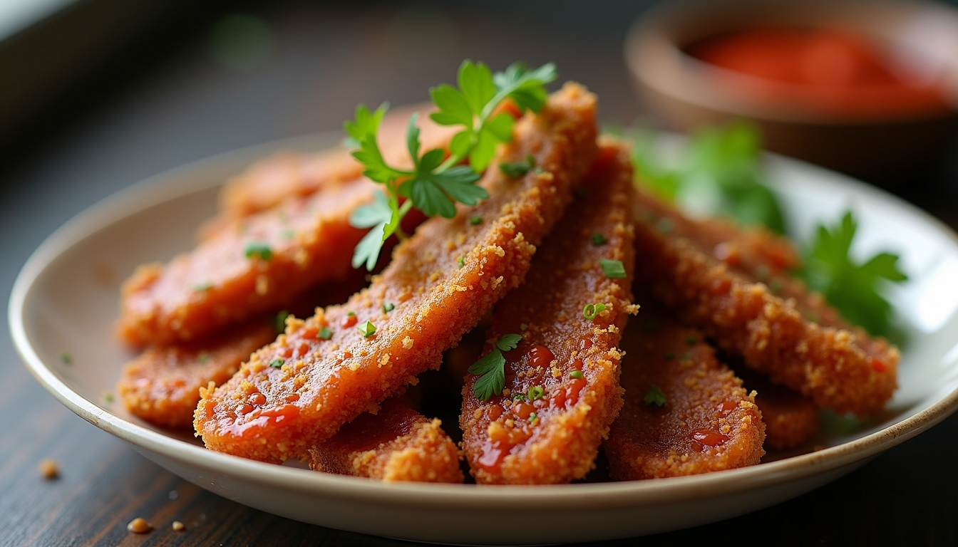 Close-up view of crispy chilli beef strips coated in golden cornflour