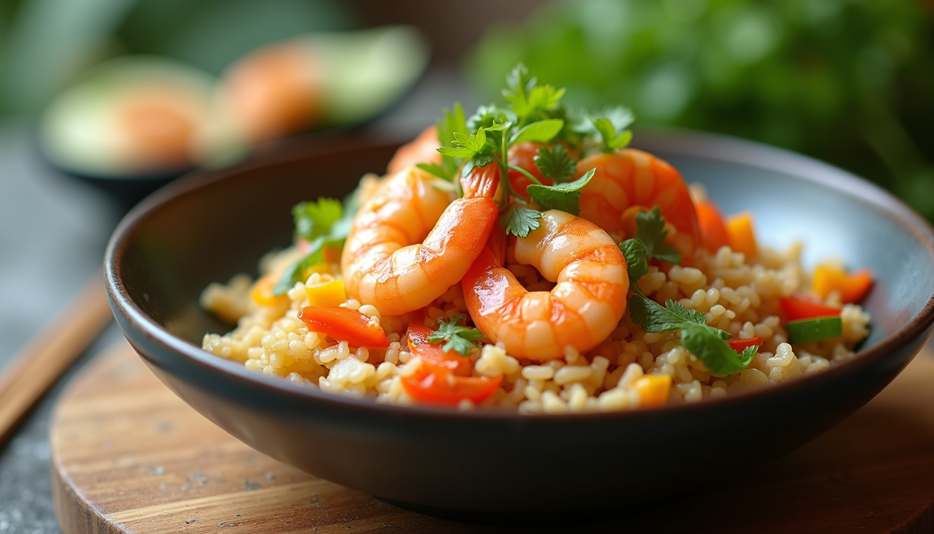 Close-up view of a colorful tropical shrimp rice bowl