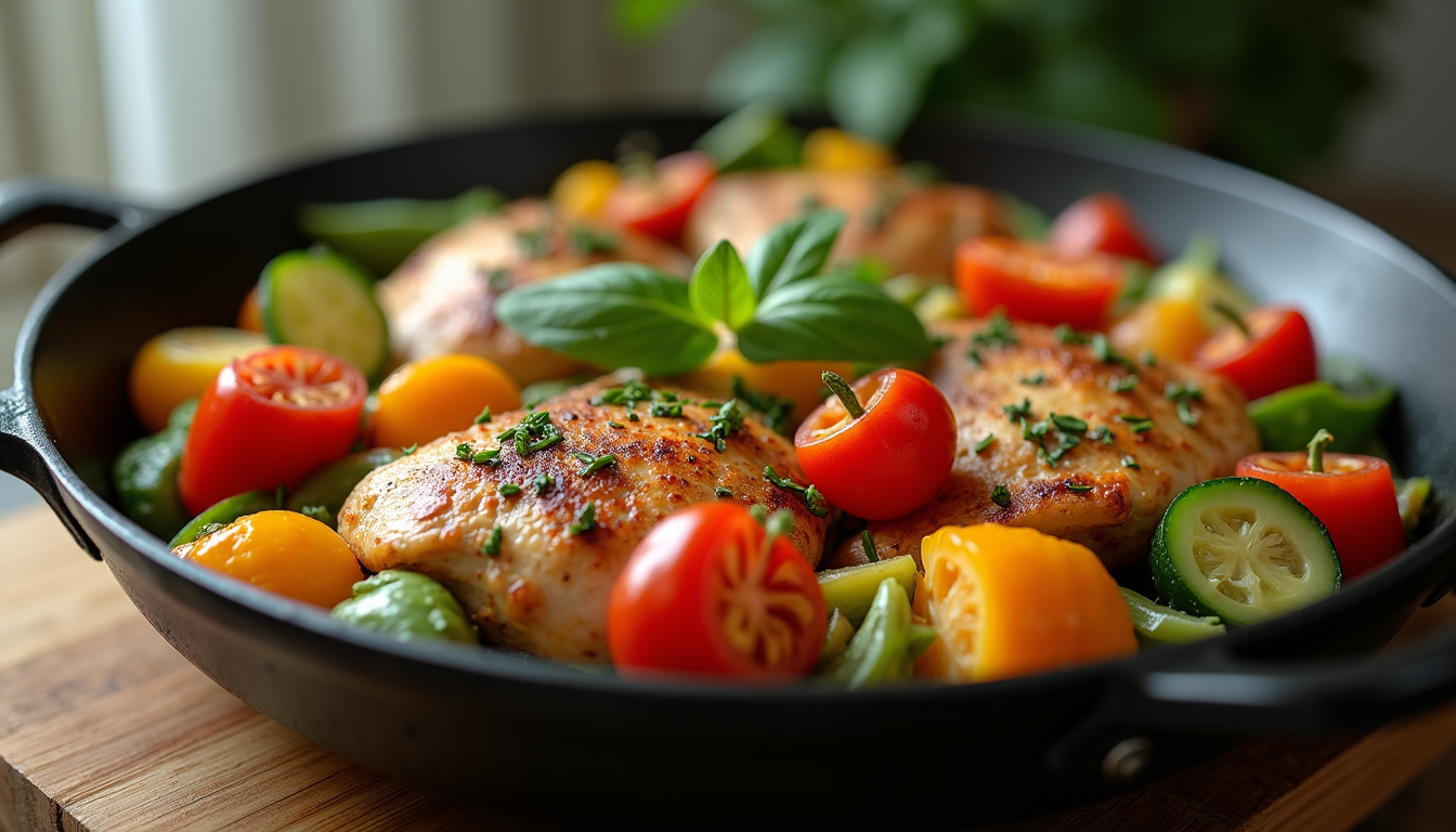 Close-up view of a vibrant one-pan dinner featuring chicken and assorted vegetables