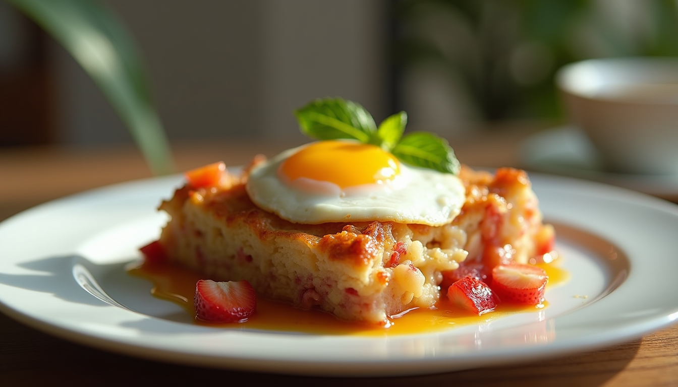 High angle view of a beautifully plated breakfast casserole with fresh herbs