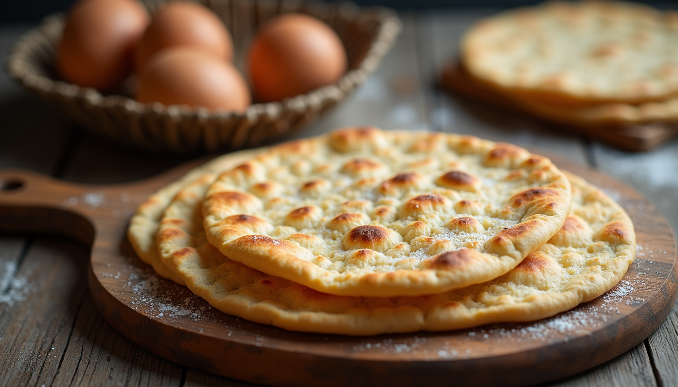 High angle view of freshly made flatbreads on a wooden board
